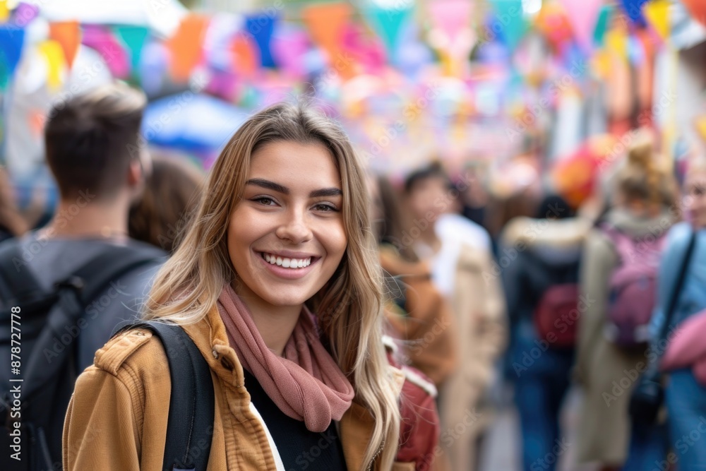 A young woman smiles brightly at the camera, standing in a bustling crowd. The blurred background suggests a lively festival atmosphere with colorful decorations and a sea of people A young woman smiles brightly at the camera, standing in a bustling crowd. The blurred background suggests a lively festival atmosphere with colorful decorations and a sea of people