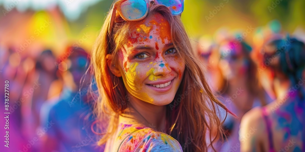 A young woman smiles brightly as she is covered in colorful powder during the Holi festival A young woman smiles brightly as she is covered in colorful powder during the Holi festival