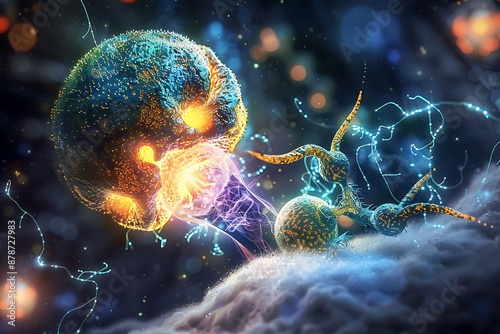 A microscopic view of two single-celled organisms with glowing nuclei, engaged in a playful dance around a pulsating sphere.