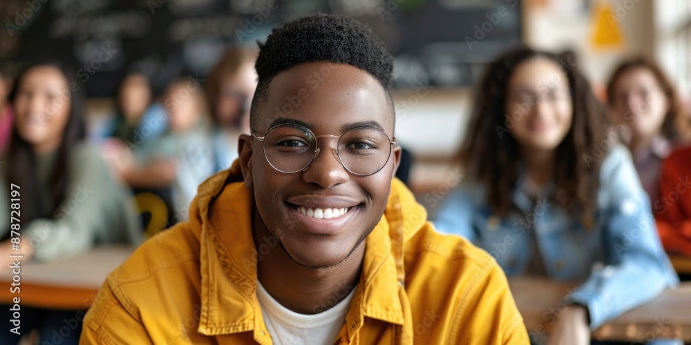 A young man with a bright smile sits in a classroom, surrounded by his classmates A young man with a bright smile sits in a classroom, surrounded by his classmates