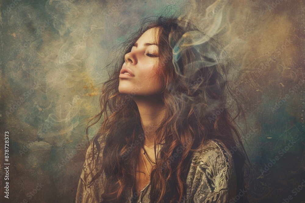A young woman with long, flowing hair gazes upward, surrounded by ethereal wisps of smoke, creating a dreamlike atmosphere A young woman with long, flowing hair gazes upward, surrounded by ethereal wisps of smoke, creating a dreamlike atmosphere