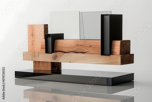 A minimalist desk organizer, blending natural wood and matte black finishes, floating above a reflective surface