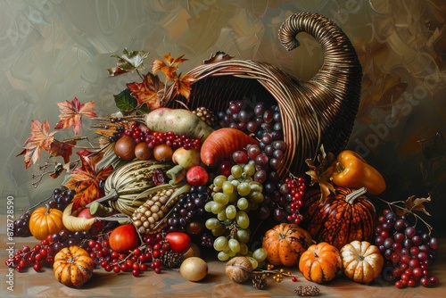 A painting of a cornucopia overflowing with autumn fruits and vegetables, Cornucopia overflowing with autumn fruits and vegetables photo