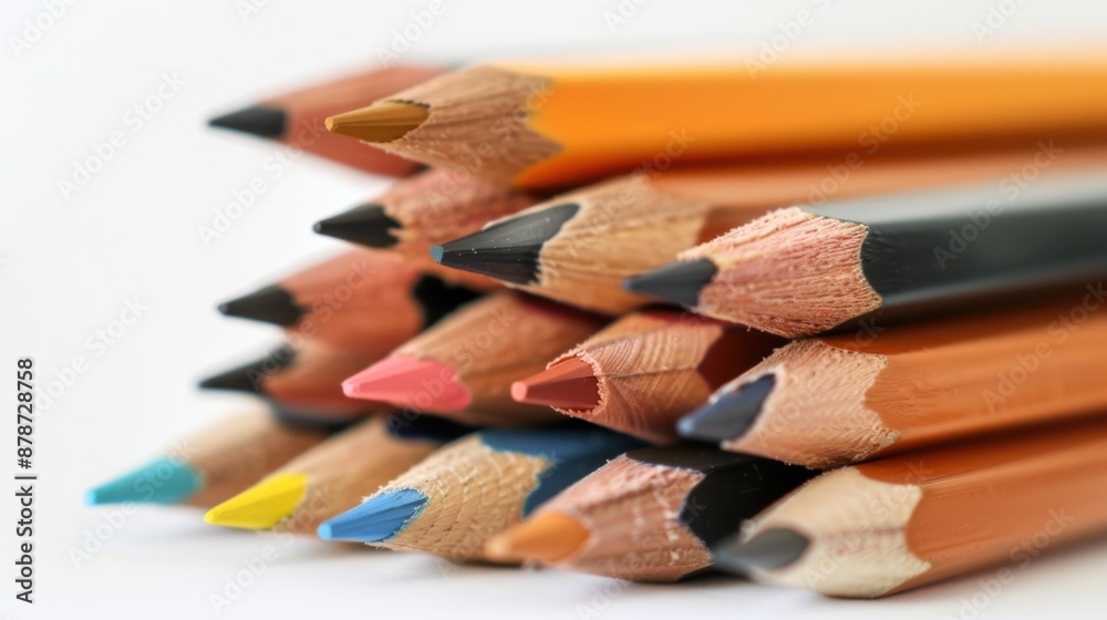 A close-up view of colorful pencils arranged on a white surface A close-up view of colorful pencils arranged on a white surface