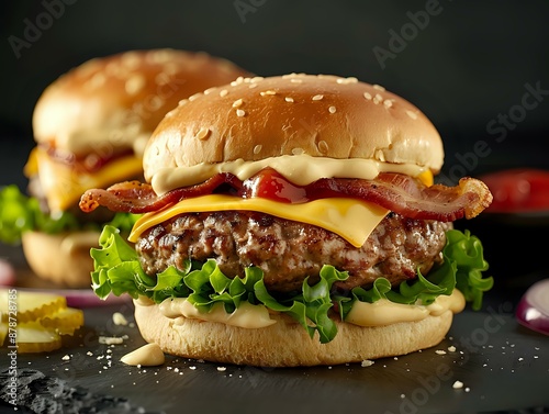 Gourmet Burger with Crunchy Bacon and Melted Cheese photo