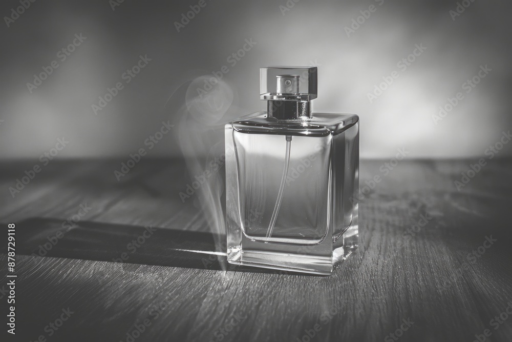 A glass bottle of perfume rests on a wooden table, with a plume of scent rising from its nozzle A glass bottle of perfume rests on a wooden table, with a plume of scent rising from its nozzle