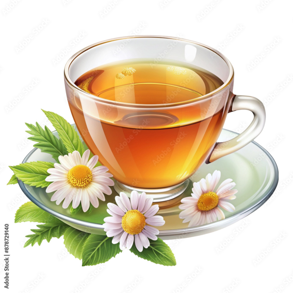 Chamomile tea in glass cup with flowers on saucer Chamomile tea in glass cup with flowers on saucer