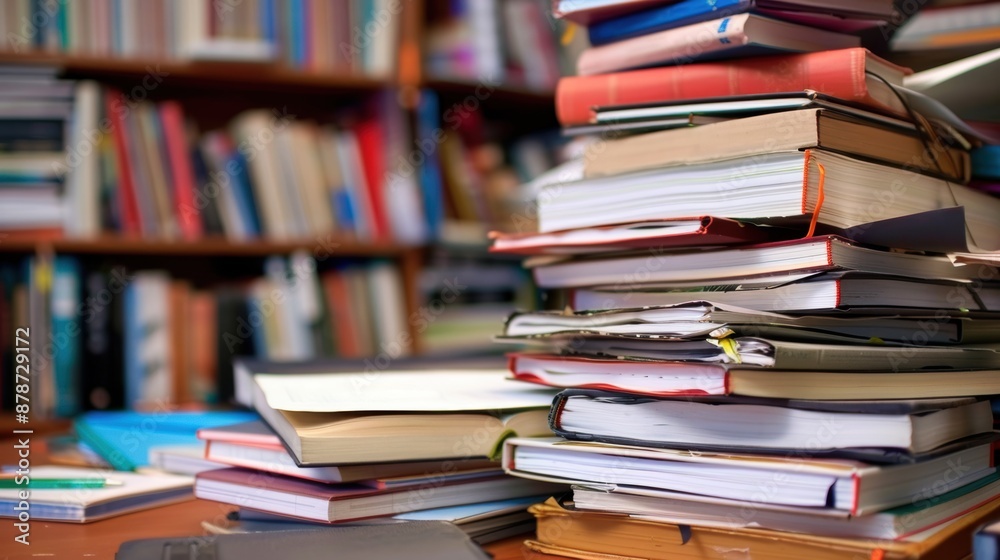 Large stack of books on desk near bookshelves Large stack of books on desk near bookshelves