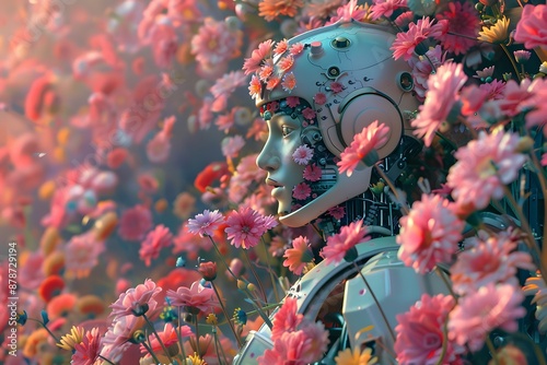 A humanoid robot in a field of flowers