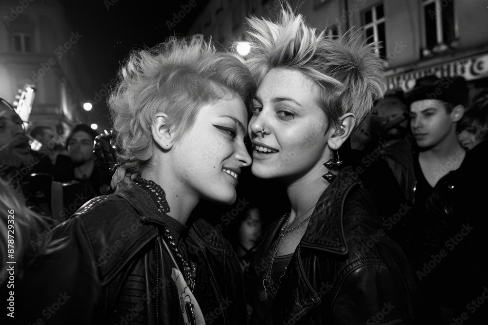 Two young women with spiky hair stand close together, leaning in and smiling at one another in a crowded street at night Two young women with spiky hair stand close together, leaning in and smiling at one another in a crowded street at night