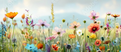 Lush wildflowers in soft pastel shades bloom vibrantly against a serene mountain backdrop © Anutha