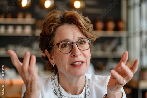 A woman wearing glasses passionately gesticulates while speaking photo