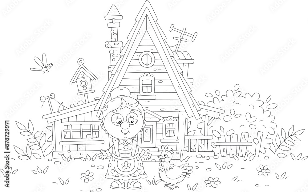 Naklejka premium Funny granny villager and a hen in a yard of a village wooden house in countryside on a summer day, black and white vector cartoon illustration for a coloring book