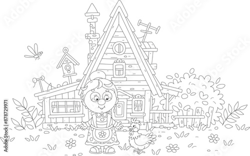 Funny granny villager and a hen in a yard of a village wooden house in countryside on a summer day, black and white vector cartoon illustration for a coloring book