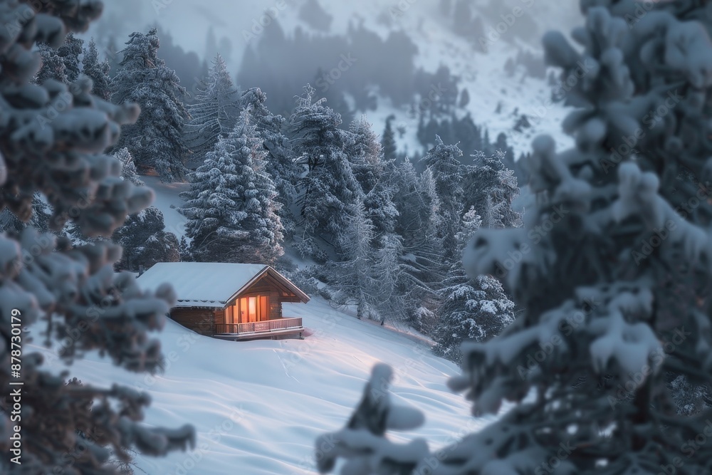 A cabin surrounded by snow-covered trees in the middle of a forest, Cozy cabin nestled amidst a snowy forest A cabin surrounded by snow-covered trees in the middle of a forest, Cozy cabin nestled amidst a snowy forest