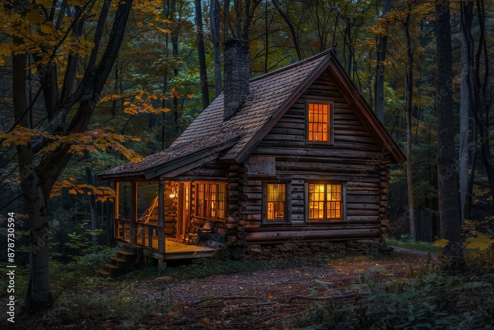 A cabin nestled in the woods illuminated at night, casting a warm glow among the trees, Cozy cabin nestled among the trees with a warm glow from the fireplace A cabin nestled in the woods illuminated at night, casting a warm glow among the trees, Cozy cabin nestled among the trees with a warm glow from the fireplace