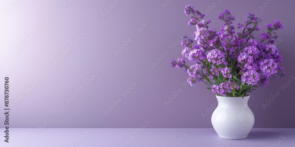 Naklejka premium Purple Flowers in White Vase. Beautiful purple flowers arranged in a white vase against a matching purple background, creating a harmonious and elegant display. Banner with copy space