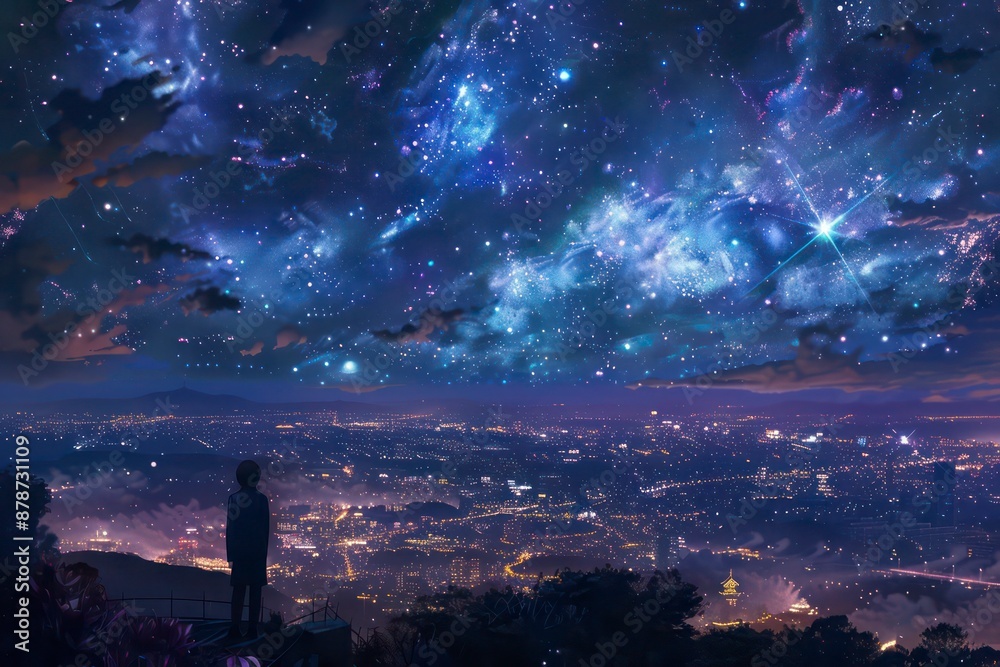Night cityscape in purple shades, in mango and anime style.