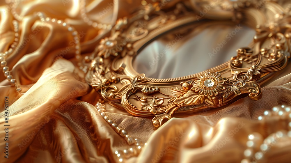 Elegant golden bijouterie and mirror closeup on light brown cloth very detailed and realistic shape