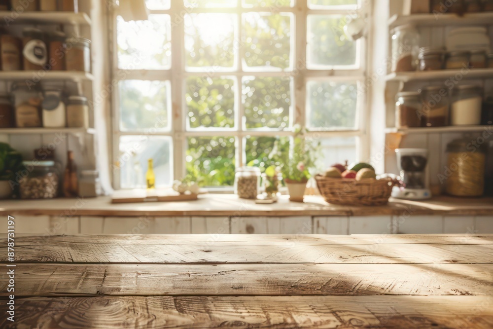 Wooden table against a blurred kitchen countertop backdrop. Empty wooden table with a blurred kitchen background Wooden table against a blurred kitchen countertop backdrop. Empty wooden table with a blurred kitchen background