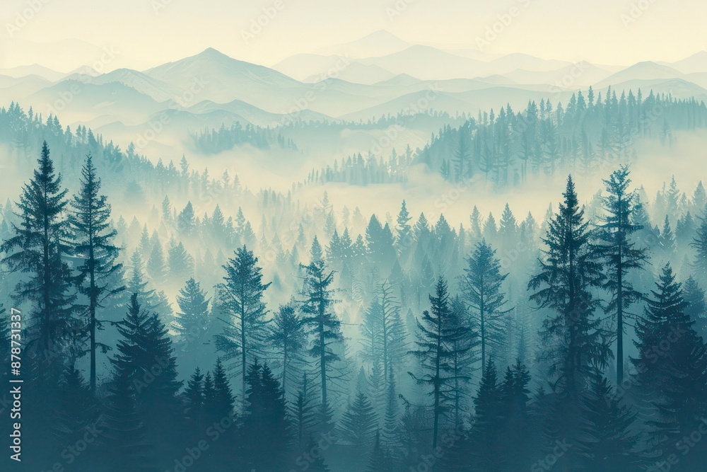 Fototapeta premium Watercolor foggy forest landscape illustration. Wild nature in wintertime