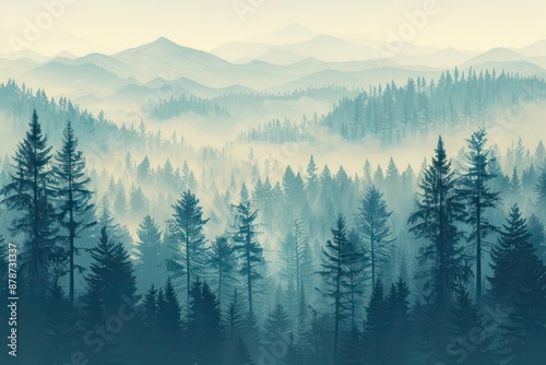 Watercolor foggy forest landscape illustration. Wild nature in wintertime