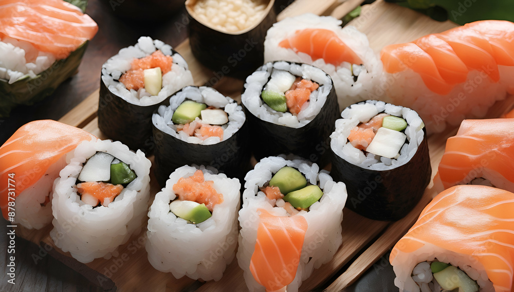 Flat lay composition with delicious sushi rolls, Generative AI
Flat lay composition with delicious sushi rolls, Generative AI