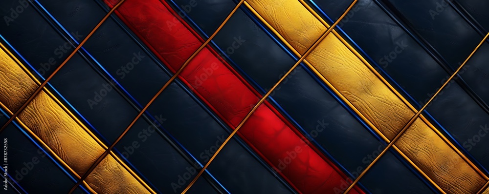 High-detail abstract background with vibrant golden, red, and blue stripes on dark navy blue leather texture, ideal for business concepts. High-detail abstract background with vibrant golden, red, and blue stripes on dark navy blue leather texture, ideal for business concepts.