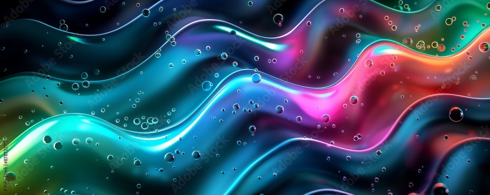 An abstract 3D composition featuring fluid organic shapes that glow with neon colors of blue green pink and orange The shapes have a liquidlike texture with small black bubbles interspersed throughout An abstract 3D composition featuring fluid organic shapes that glow with neon colors of blue green pink and orange The shapes have a liquidlike texture with small black bubbles interspersed throughout