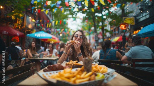 Wallpaper Mural Blurred background of a woman eating a hotdog at an outdoor restaurant Torontodigital.ca