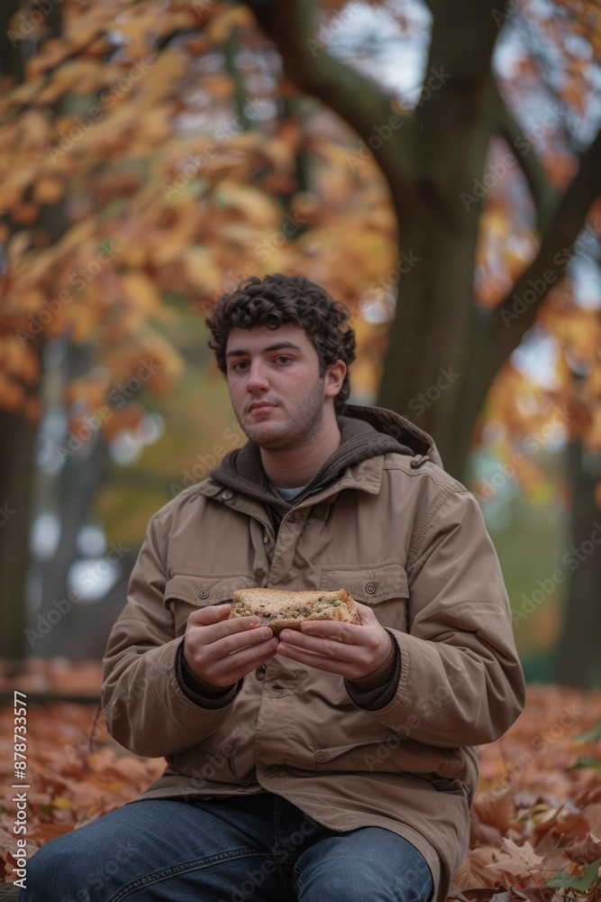 Fototapeta premium Young man eating a sandwich in a park surrounded by fallen leaves