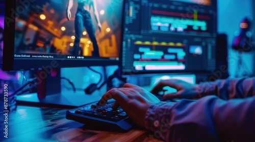 Person editing video footage on computer in a dark room