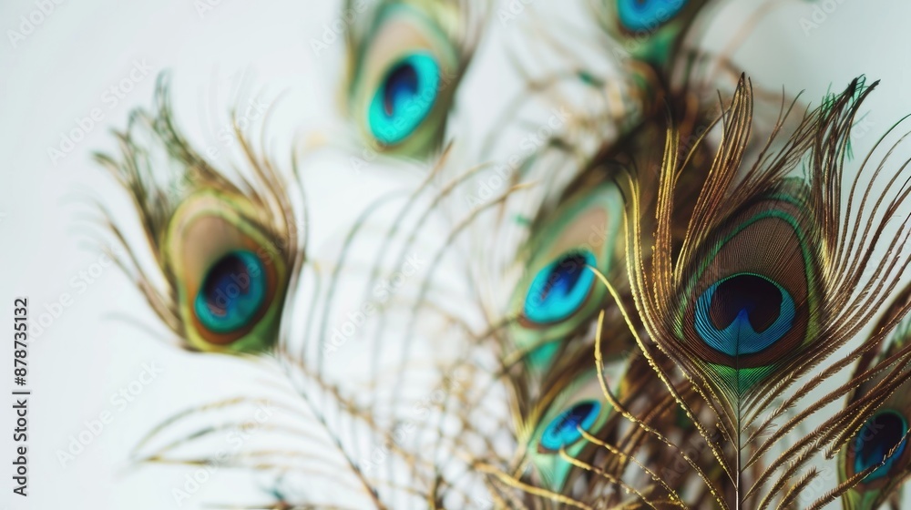 Obraz premium Close up of peacock feathers on a soft white backdrop Festive carnival banner