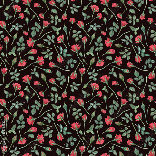 Garden ruby flowers. Red roses and green leaves on black background. Elegant floral seamless pattern. Perfect for fashion, textiles, interior decor projects. Watercolor illustration