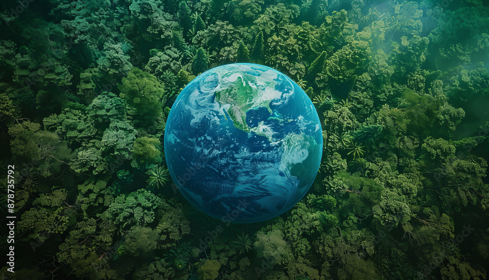 Top view global globe, tropical rain forest ecosystem and healthy environment, green forest forest texture and background,generative ai
