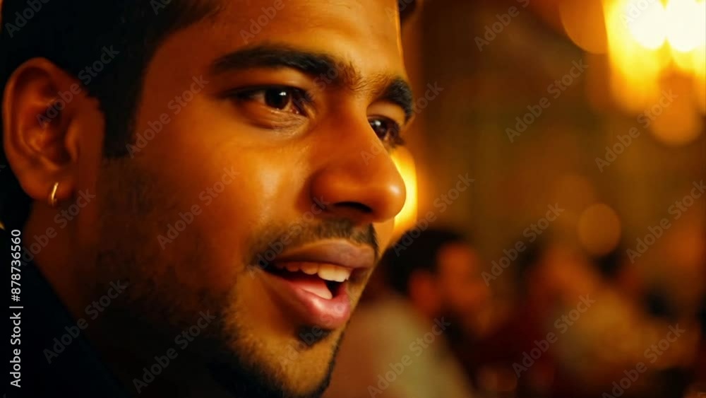 Close up of a handsome young Pakistani man with a beard and earring talking and smiling in a fancy restaurant with warm lighting. Close up of a handsome young Pakistani man with a beard and earring talking and smiling in a fancy restaurant with warm lighting.