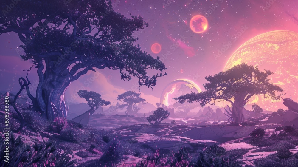 Purple sky landscape with trees and planets at night Purple sky landscape with trees and planets at night
