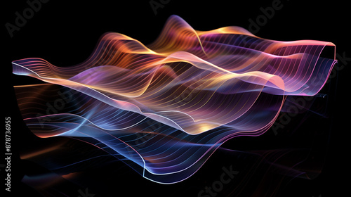 Abstrakcyjne tło - nowoczesna neonowe fale z cieniem i kolorowym światłem na czarnym tle. Olejne dynamiczne smugi na tkaninie	
