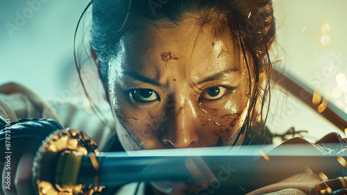 portrait of Japanese samurai woman in fight among samurai men,generative ai