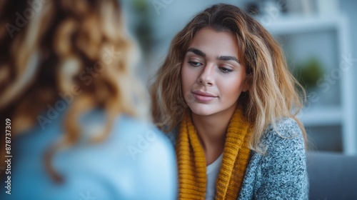 Woman in casual attire, engaging in a serious conversation with another person, focused expression. © YURY YUTY