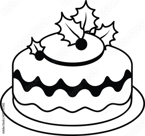 christmas cake illustration black and white. dessert, christmas, celebration, cake, holiday, bakery, festive