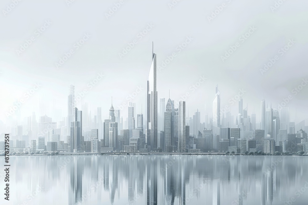Fototapeta premium A modern city skyline with tall buildings, set against a large body of water, creating a striking urban waterfront scene, Craft a futuristic cityscape with a sleek grey sky