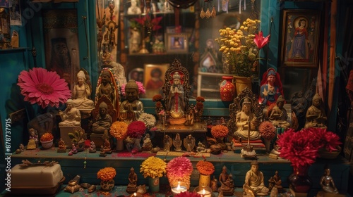 Colorful statues and flowers decorated on a shelf in a home