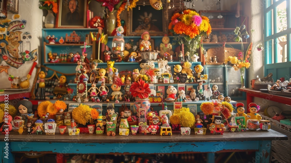 Fototapeta premium Colorful handmade dolls and figurines displayed on a table in a mexican home