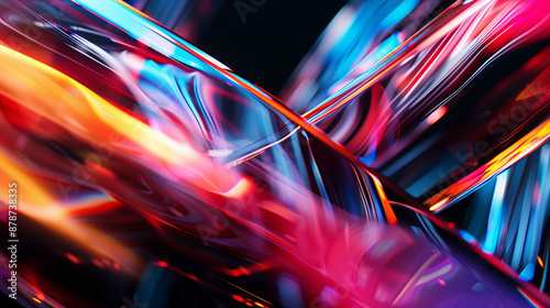 Abstrakcyjne tło - nowoczesna neonowe fale z cieniem i kolorowym światłem na czarnym tle. Olejne dynamiczne smugi na tkaninie