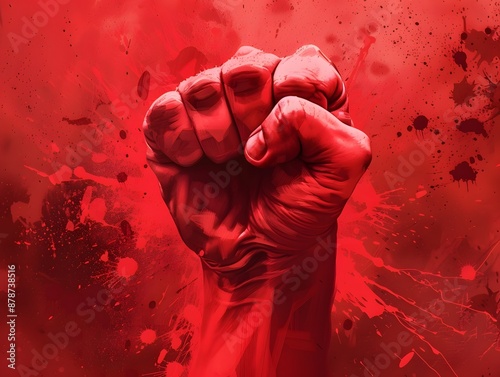 A raised fist against a red background, symbolizing power, resistance, and strength. photo