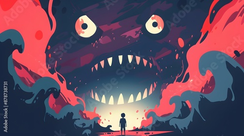 A small figure stands before a large, menacing,  creature with sharp teeth. The creature is surrounded by a red, swirling mist.
