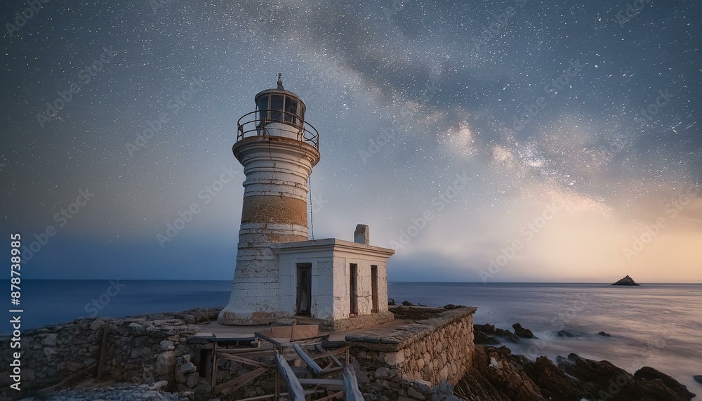 Naklejka premium Galactic Glow: Night Photography Captures a Lone Lighthouse and the Starry Horizon. Generative AI