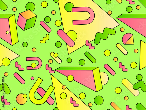 Geometric seamless pattern with 3d shapes in 80s style. Colorful gradient geometric pattern in isometric style. Design of promotional products, wrapping paper and printing. Vector illustration