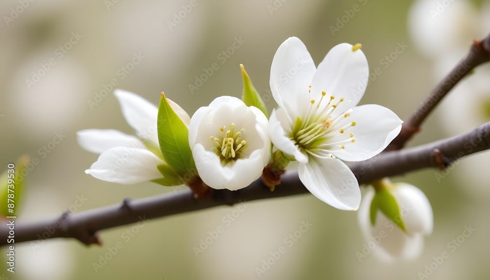 Fototapeta premium White blooming cherry flower bud on tree in nature closeup view